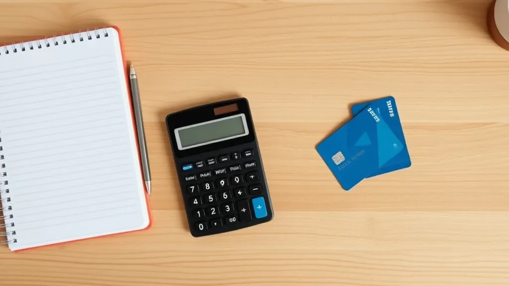 Top down view of a clean wooden desk with a calculator, a no