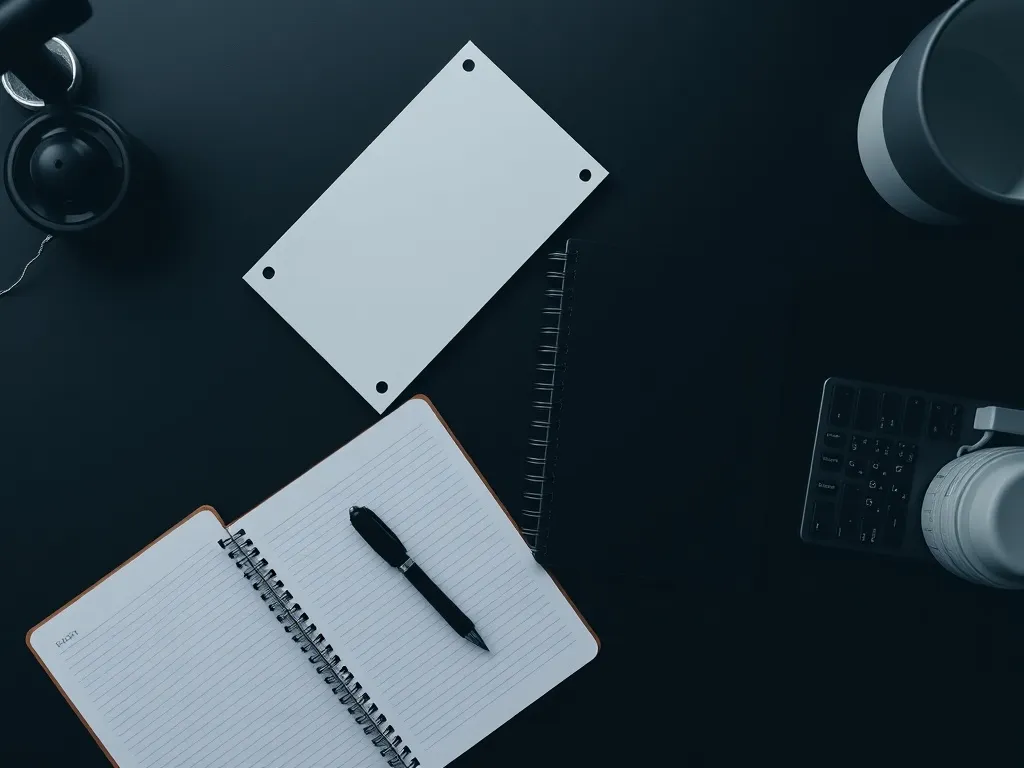 Minimalist dark office desk with two notebooks and a calcula
