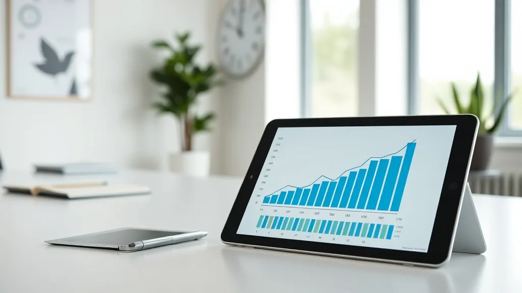 A minimalist professional office setting, a tablet showing a