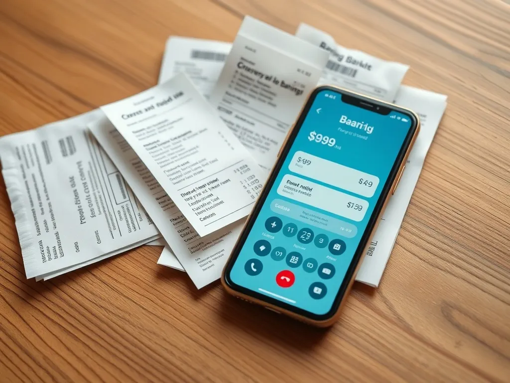 A collection of grocery receipts and a smartphone with a ban