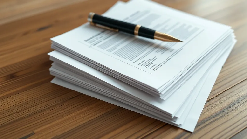 A stack of legal paper documents with a fountain pen on a wo