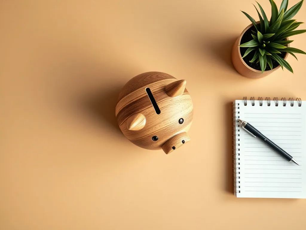 Minimalist wooden piggy bank on a clean sand-colored desk wi